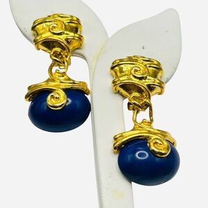 Vintage 1980’s Etruscan Revival Lapis Lucite Drop Earrings